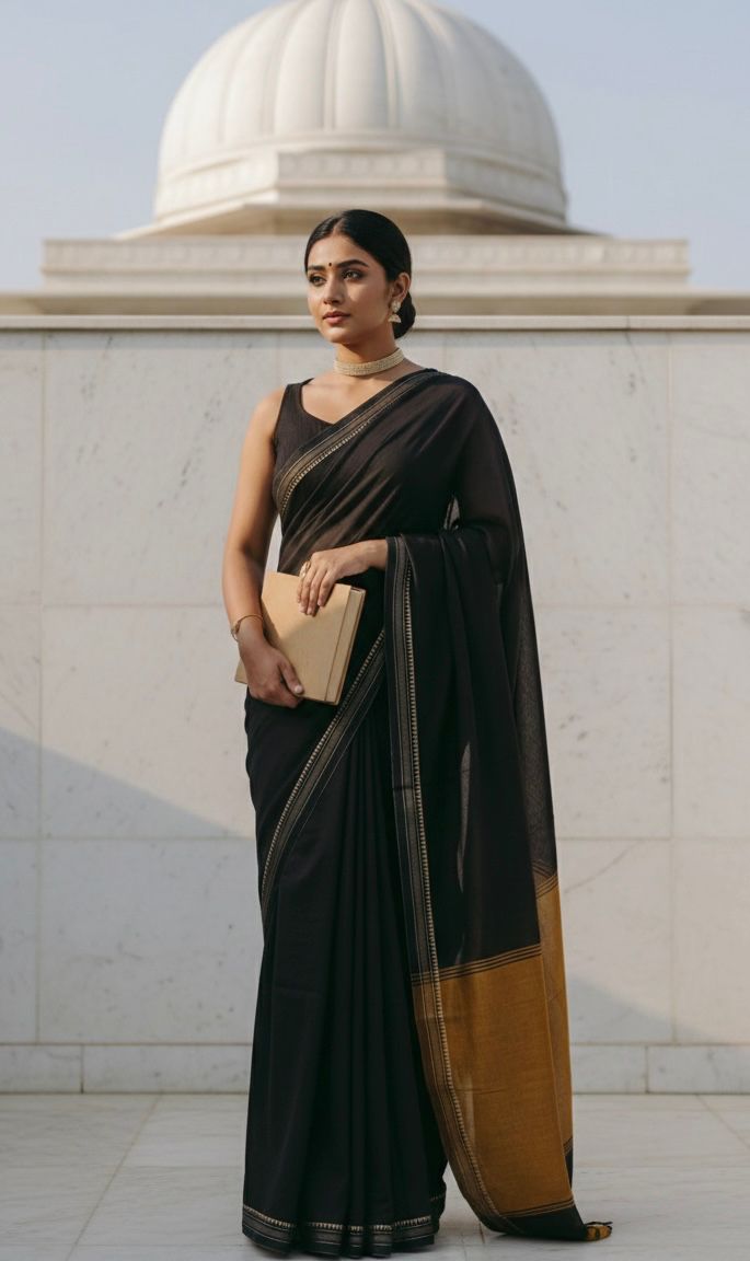 Black Temple Border Cotton Saree
