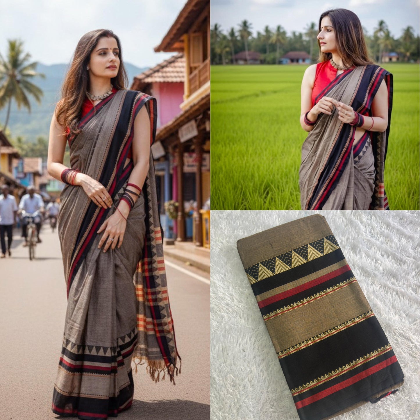 Big border temple maroon black cotton saree