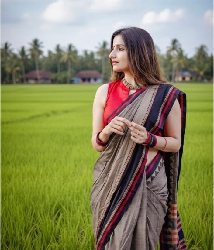 Big border temple maroon black cotton saree