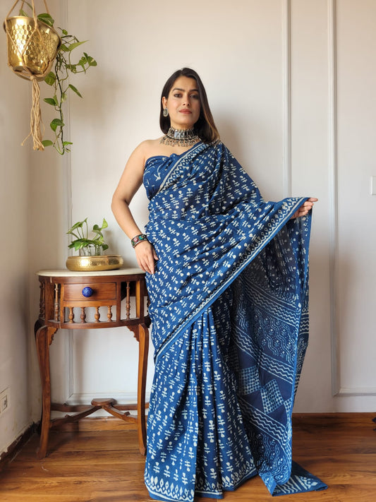 Soft pure cotton mulmul *Hand block printed saree with blouse.....