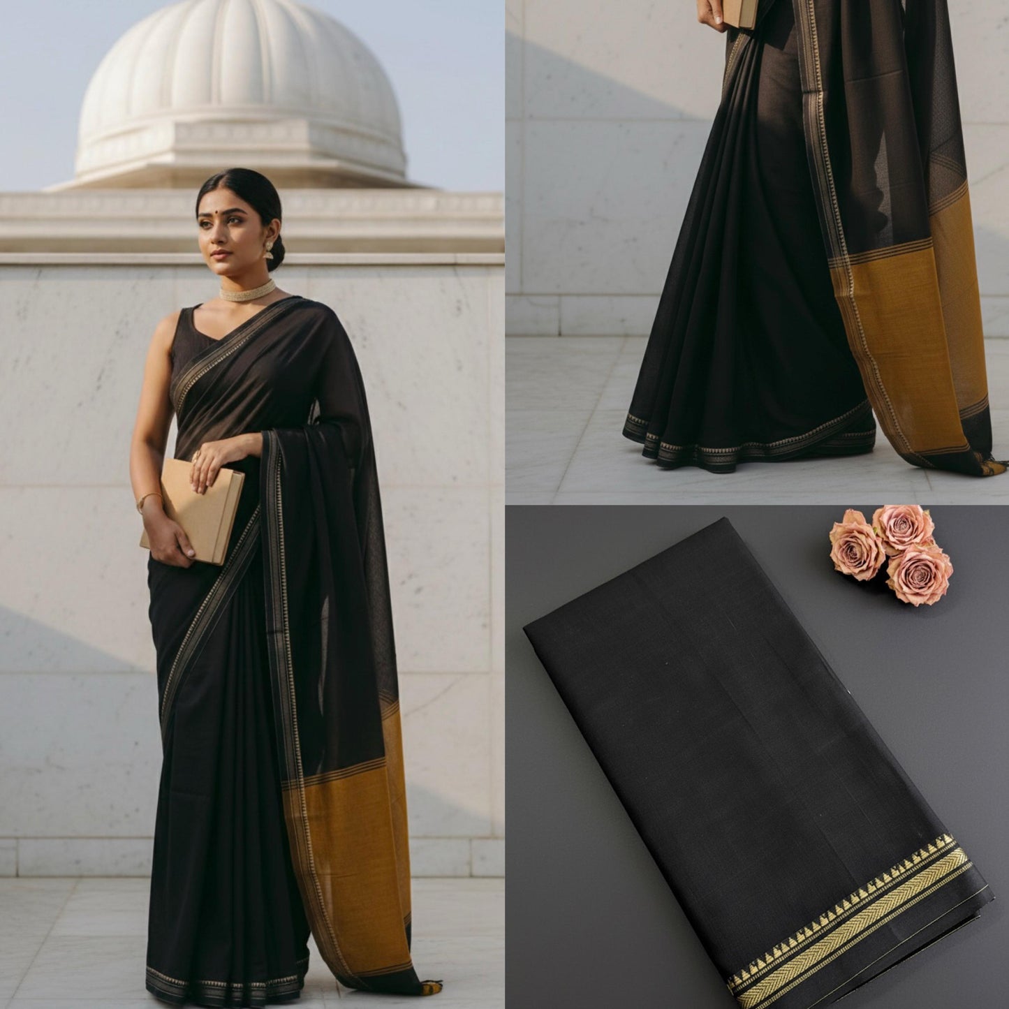 Black Temple Border Cotton Saree